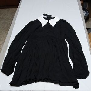 Dolls Kill Widow Witchy Black Longsleeve Crepe Mini Dress w/ White Collar XS